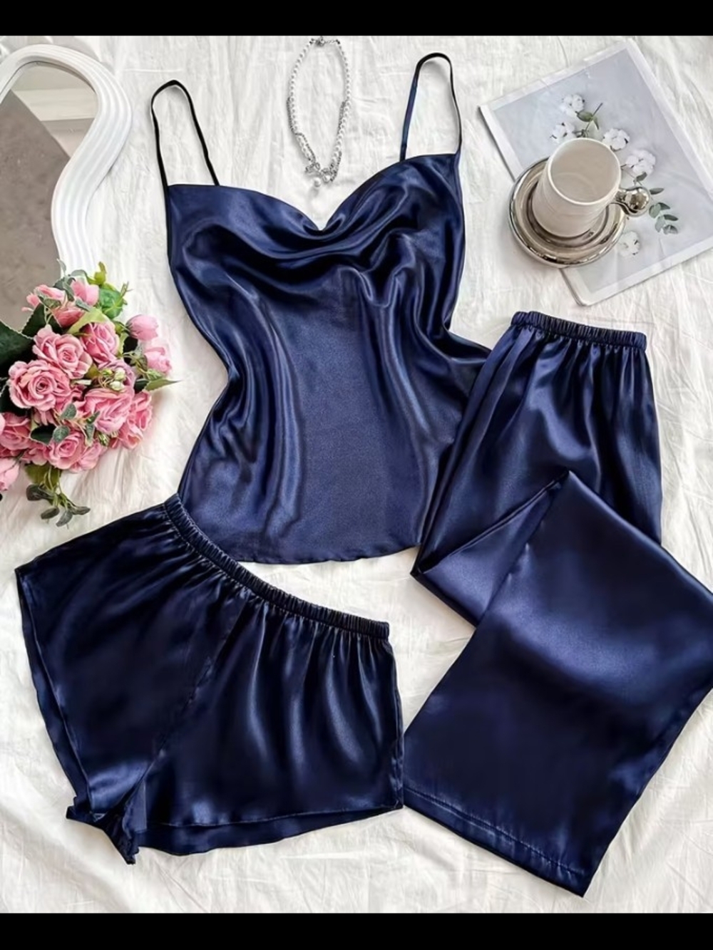 Lux Satin 3-Piece Pajama Set - Navy Cami, Shorts & Pants